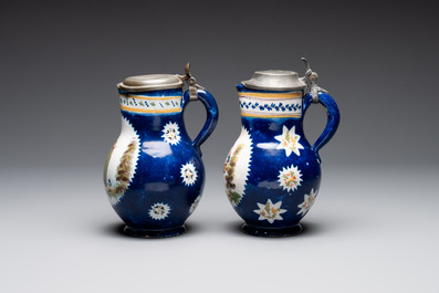 A collection of five polychrome Brussels faience jugs, some with pewter-mounts, 18/19th C.