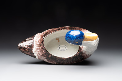 A polychrome Brussels faience duck-shaped tureen and cover, 2nd half 18th C.