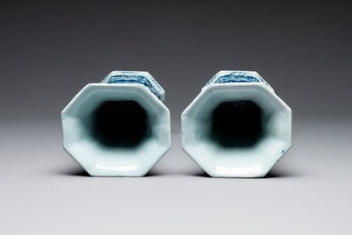 A large blue and white Dutch Delft garniture of five vases and covers, 2nd half 18th C.