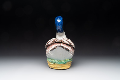 A polychrome Brussels faience duck-shaped tureen and cover, 2nd half 18th C.