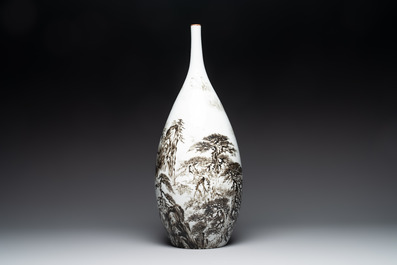A large Chinese grisaille 'mountainous landscape' vase, signed Fu Yaosheng 傅尧笙, dated 1993