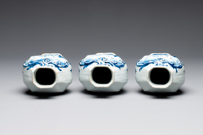 A blue and white Dutch Delft garniture of five vases and covers, 2nd half 18th C.