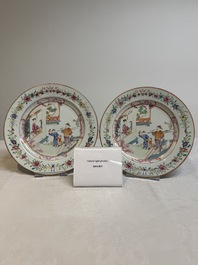 A pair of Chinese famille rose 'mandarin subject' plates, Qianlong