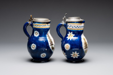 A collection of five polychrome Brussels faience jugs, some with pewter-mounts, 18/19th C.
