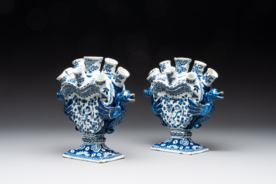A pair of blue and white Dutch Delft heart-shaped tulip vases, early 18th C.