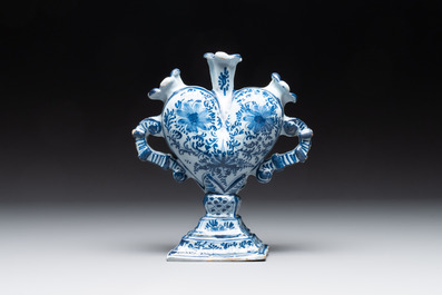 A pair of blue and white German Delftware heart-shaped tulip vases, 18th C.