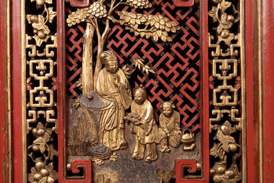 A large and fine Chinese gilt-red-lacquered cabinet with figures and antiquities, 19th C.
