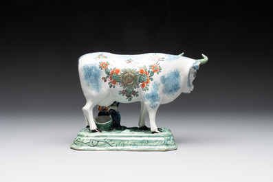 A pair of unusual polychrome Dutch Delft milking groups, 18th C.