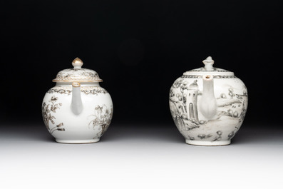 A Chinese gilt-decorated grisaille 'European subject' teapot and a 'flower basket' teapot, Qianlong
