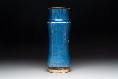 A blue-glazed albarello and two white-glazed albarelli, Spain, 17th C.