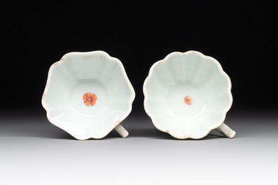 Two small Chinese famille verte handled cups with 'prunus on cracked ice' and 'shou' design, Kangxi