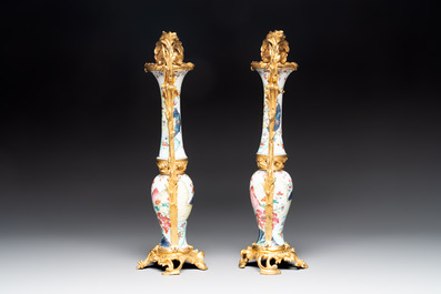 A pair of composed gilt bronze mounted Chinese famille rose 'tobacco leaf' vases, Qianlong