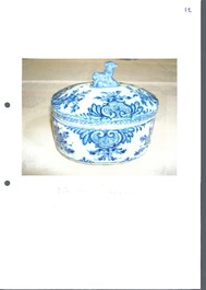 A small blue and white Dutch Delft tureen and cover with a foal finial, 18th C.