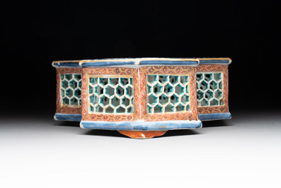 A rare Chinese famille rose reticulated hexagonal inkwell, Qianlong