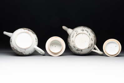 A Chinese gilt-decorated grisaille 'European subject' teapot and a 'flower basket' teapot, Qianlong