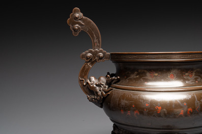 A massive Vietnamese copper- and silver-inlaid 'Buddhist lion' censer and cover on stand, 19th C.