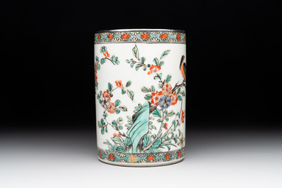 A Chinese famille verte 'bird and flowers' brush pot with silver mount, Kangxi