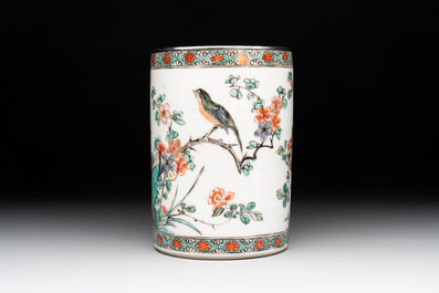 A Chinese famille verte 'bird and flowers' brush pot with silver mount, Kangxi