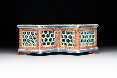 A rare Chinese famille rose reticulated hexagonal inkwell, Qianlong