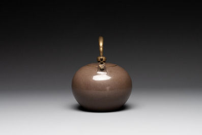 Three Chinese Thai market polished Yixing stoneware teapots with brass mounts, 19th C.