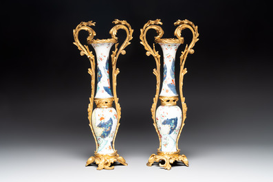 A pair of composed gilt bronze mounted Chinese famille rose 'tobacco leaf' vases, Qianlong