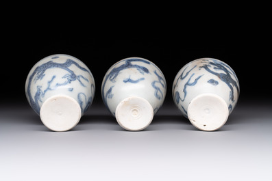 Six Chinese blue and white 'Hatcher cargo' stem cups with dragons, Transitional period