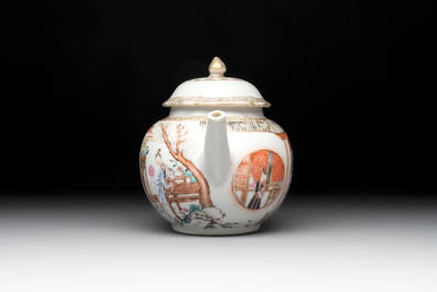A Chinese famille rose gilt-decorated teapot and cover with figural design, Yongzheng
