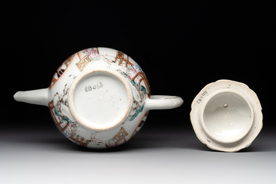 A Chinese famille rose gilt-decorated teapot and cover with figural design, Yongzheng