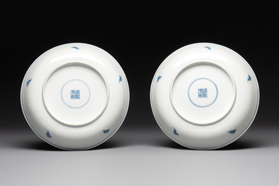 A pair of Chinese blue and white 'Eight Immortals' plates, Kangxi mark, 19th C.