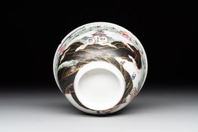A Chinese famille rose and grisaille 'mountainous landscape' cup and saucer, Yongzheng