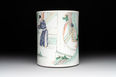 A Chinese famille verte brush pot with figural design, Kangxi