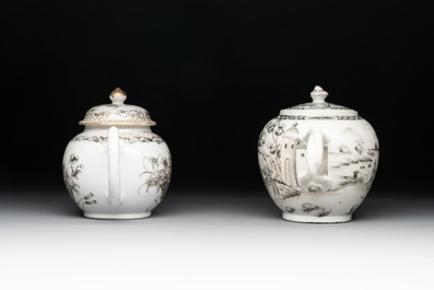 A Chinese gilt-decorated grisaille 'European subject' teapot and a 'flower basket' teapot, Qianlong