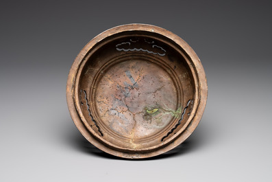 A massive Vietnamese copper- and silver-inlaid 'Buddhist lion' censer and cover on stand, 19th C.