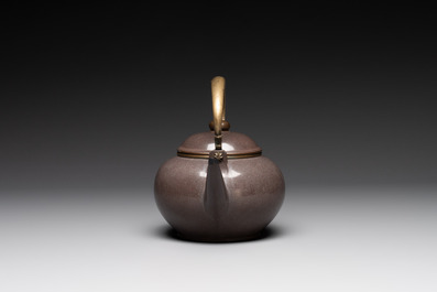 Three Chinese Thai market polished Yixing stoneware teapots with brass mounts, 19th C.