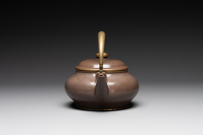 Three Chinese Thai market polished Yixing stoneware teapots with brass mounts, 19th C.