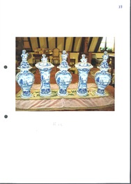 A blue and white Dutch Delft garniture of five vases and covers, 2nd half 18th C.