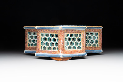 A rare Chinese famille rose reticulated hexagonal inkwell, Qianlong