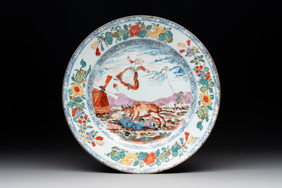 A rare Chinese Dutch-decorated 'The miracle of Zaandam' plate and cup, Qianlong
