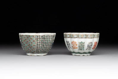 Two small Chinese famille verte handled cups with 'prunus on cracked ice' and 'shou' design, Kangxi