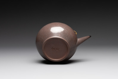 Three Chinese Thai market polished Yixing stoneware teapots with brass mounts, 19th C.