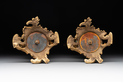 A pair of composed gilt bronze mounted Chinese famille rose 'tobacco leaf' vases, Qianlong