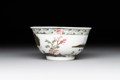 A Chinese famille rose and grisaille 'mountainous landscape' cup and saucer, Yongzheng