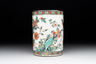 A Chinese famille verte 'bird and flowers' brush pot with silver mount, Kangxi