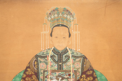 Chinese school: 'An official's wife of the 4th rank', ink and colour on paper, 19th C.
