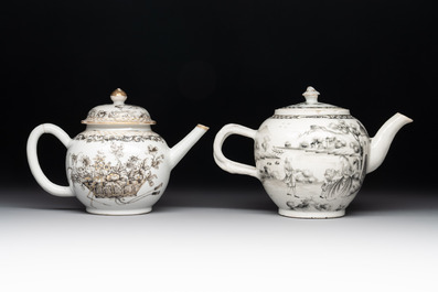 A Chinese gilt-decorated grisaille 'European subject' teapot and a 'flower basket' teapot, Qianlong