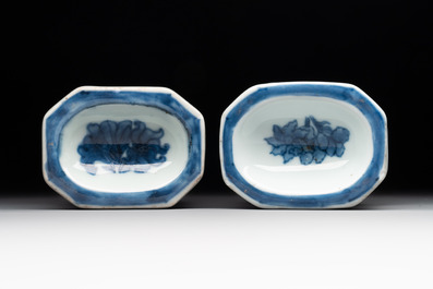 A pair of Chinese gilt-decorated blue and white salts, Qianlong