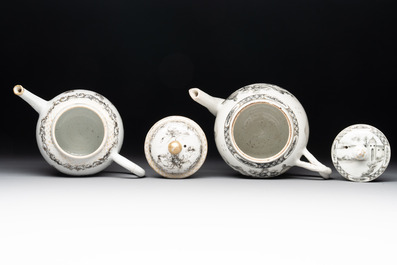 A Chinese gilt-decorated grisaille 'European subject' teapot and a 'flower basket' teapot, Qianlong