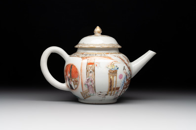 A Chinese famille rose gilt-decorated teapot and cover with figural design, Yongzheng