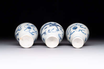 Six Chinese blue and white 'Hatcher cargo' stem cups with dragons, Transitional period