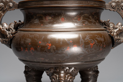 A massive Vietnamese copper- and silver-inlaid 'Buddhist lion' censer and cover on stand, 19th C.